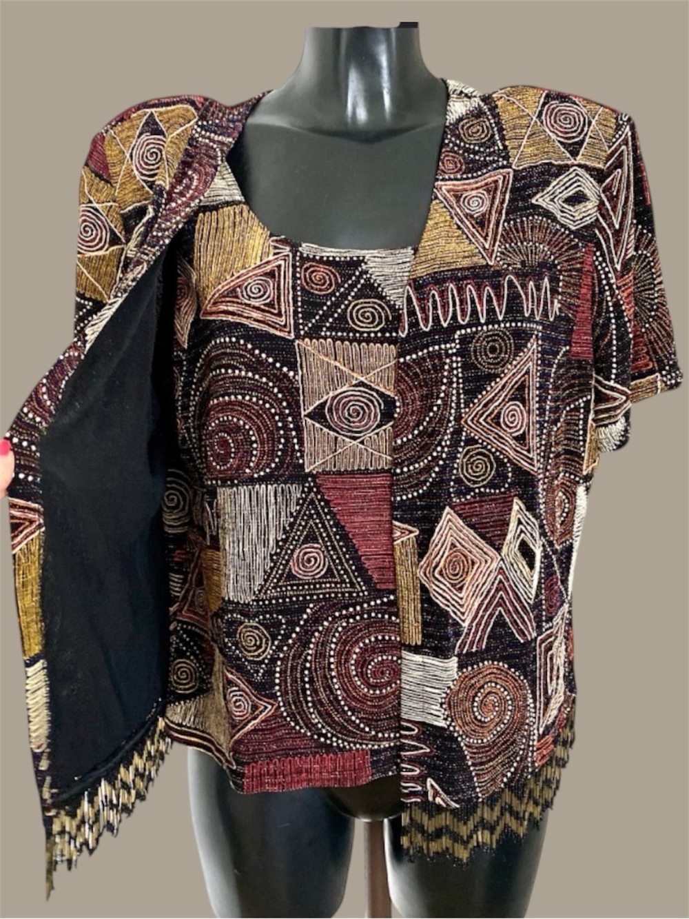 Joseph Ribkoff Vintage Beaded 2 Piece Top Cardigan Set Fringe Size 10/12